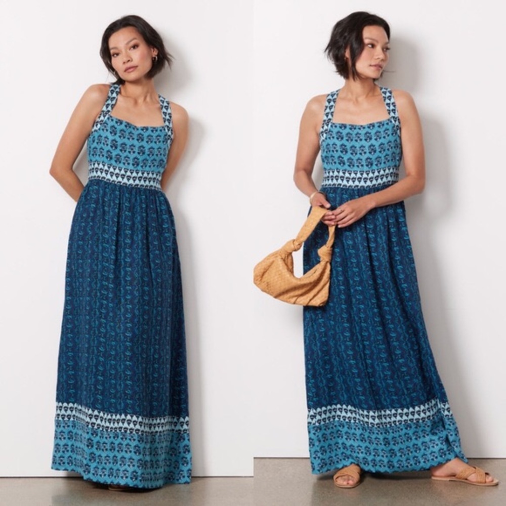 Faherty Gracie Linen Maxi Dress- Block Print Blue Size M Medium